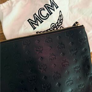 MCM Black Embossed Leather Shoulder Clutch with Gold Zip